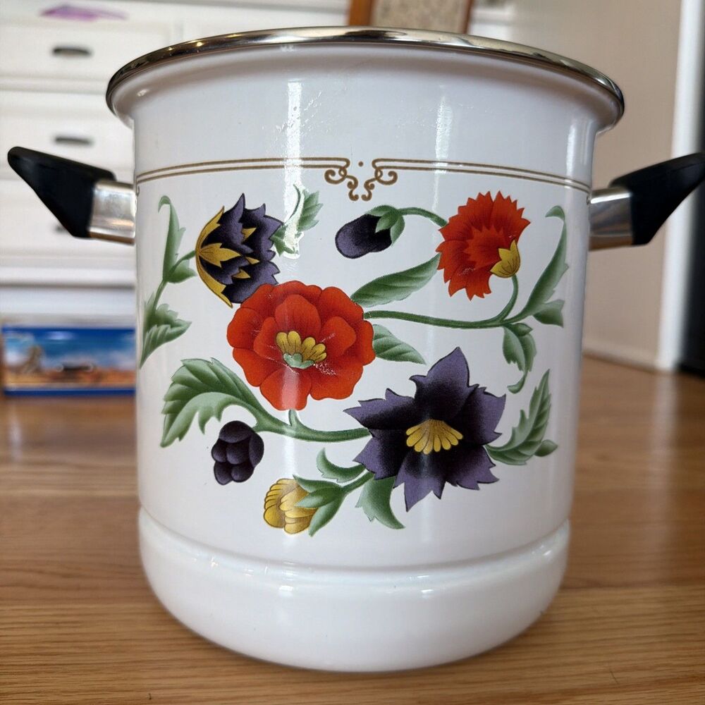 Vintage GMI Enamel Floral pot with Lid